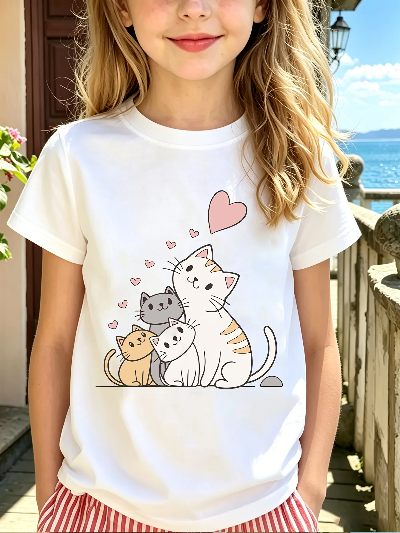 Cute Cat Family Kids Tee Cartoon Kitten Heart Graphic Print Boys Girls Family Matching Cotton Short Sleeve Children Tshirt