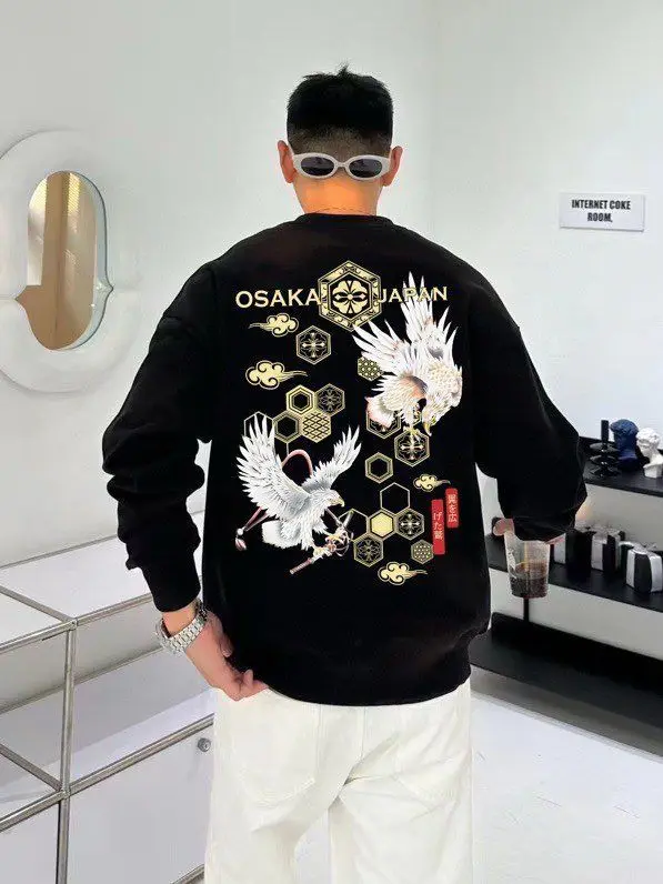 سويت شيرت أمريكي كاجوال مطبوع برقبة دائرية، طبقة أساسية فضفاضة جديدة للخريف والشتاء بأكمام طويلة