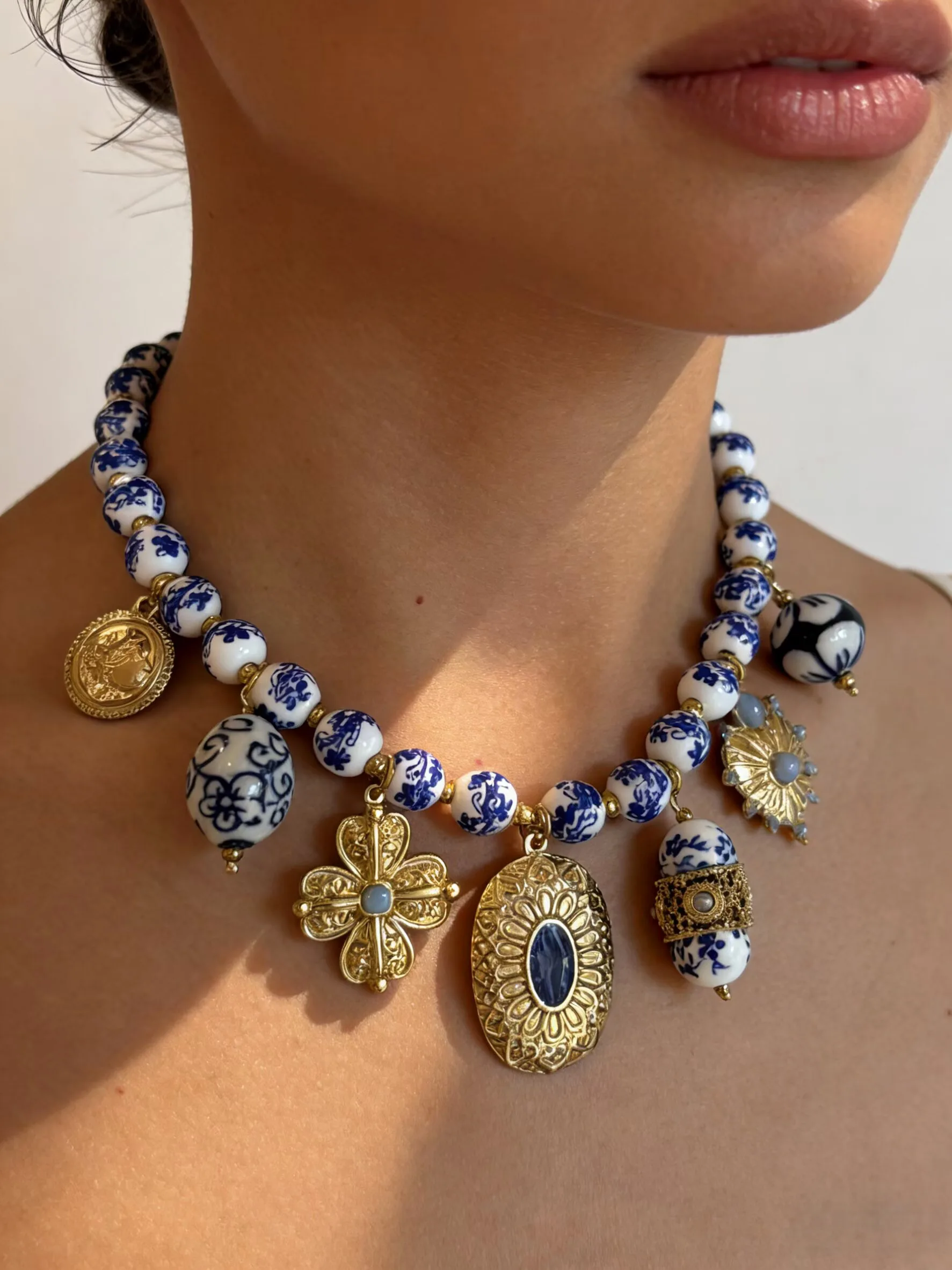 Peri'sbox Blue White Porcelain Ceramic Resin Beads Multiple Heart-Shaped Floral Pendants Women Necklaces Handmade Jewelry Design