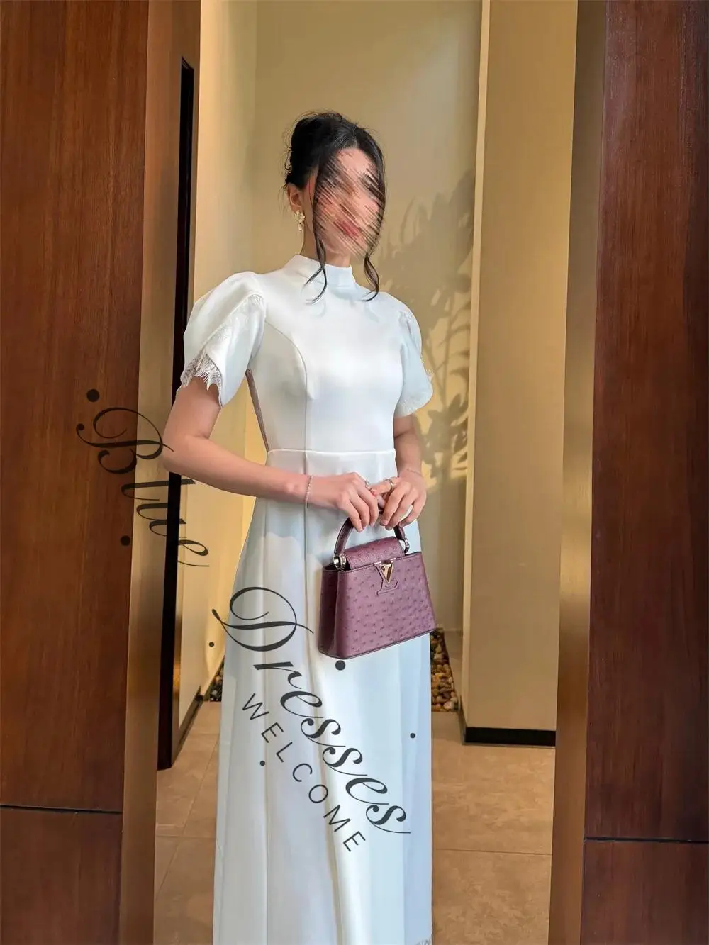 

Изысканное вечернее платье с аппликацией, высоким воротом, короткими рукавами, длиной до щиколотки, с открытой спиной, для выпускного вечера, на заказ