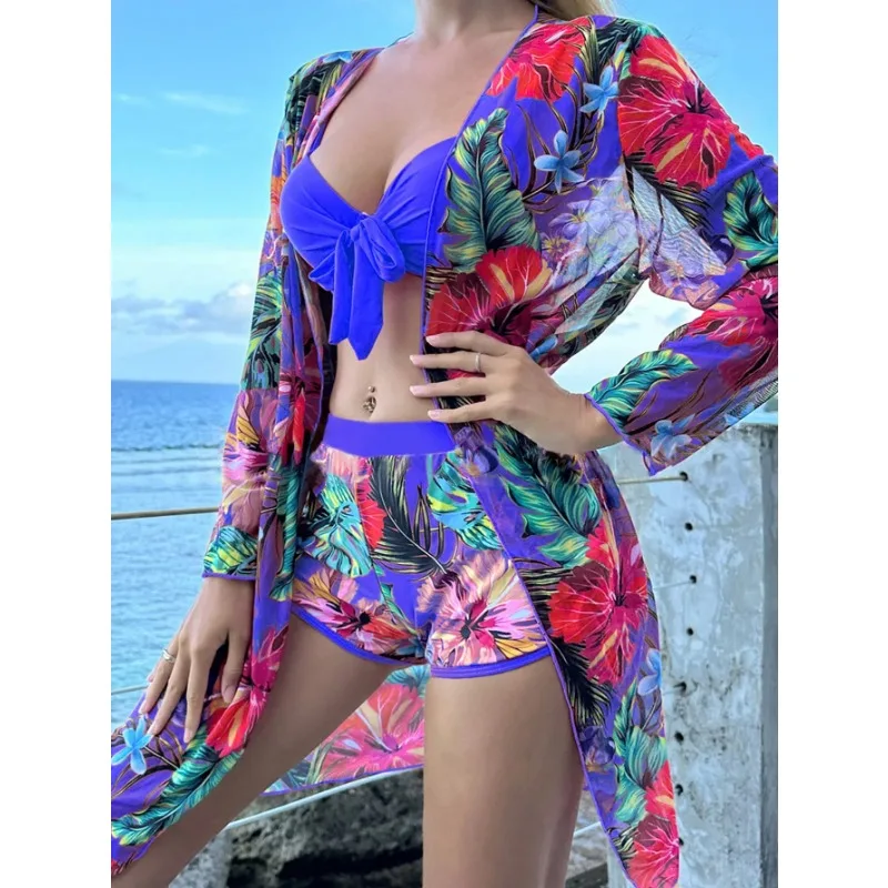 Sexy Women Swimwear Sports Beach Wear Three Piece Bathing Suit Pool  Female Swimming Tropical Rain Forest Print Swimsuits Set