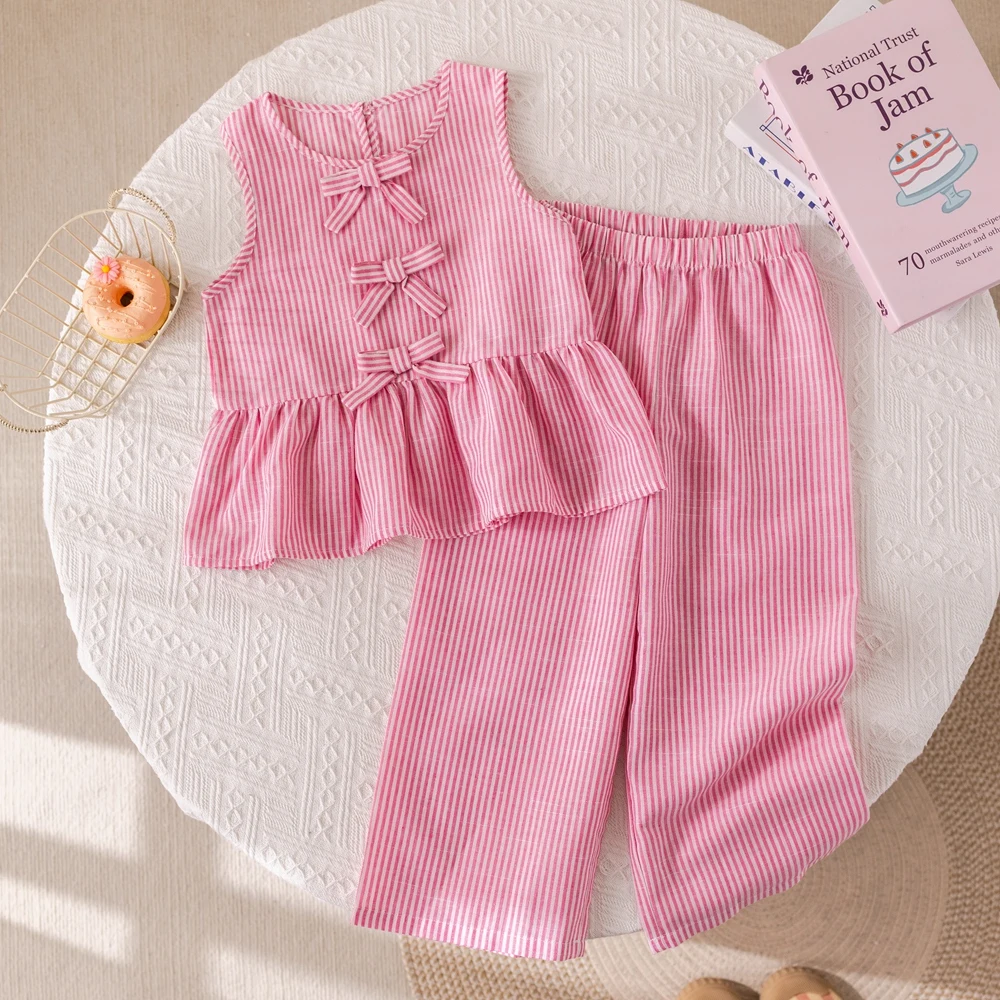 Summer Girls\' Suits Pink vertical stripe Bow Sleeveless Vest Top+Pants Two-piece Set Sweet Kids\' Clothing Sets