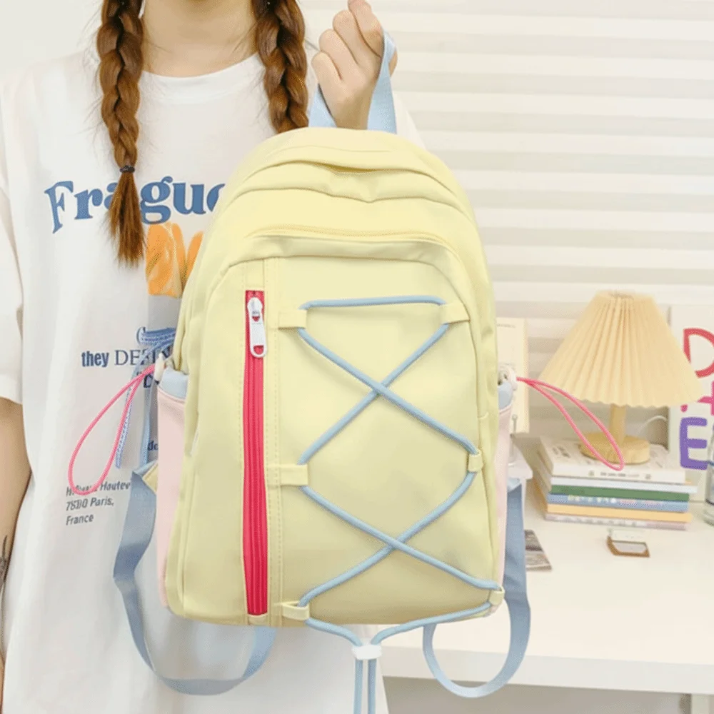 Portable Multi-pockets Drawstring Backpack Solid Color Large Capacity Student School Bag Durable Cloth Travel Rucksack Students