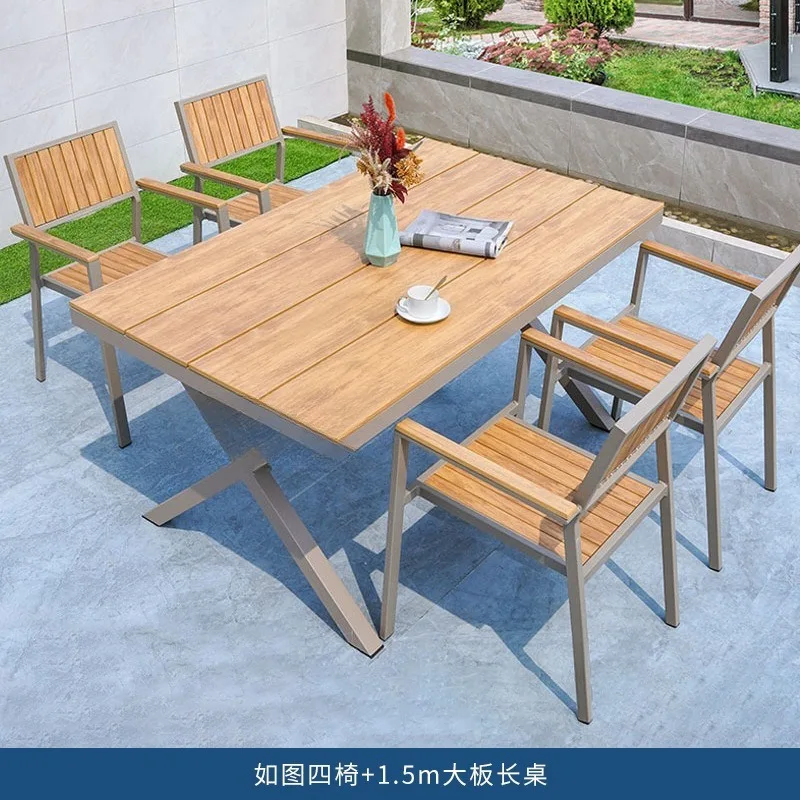 Outdoor plastic wood patio table and chairs open-air garden balcony furniture waterproof and sunproof
