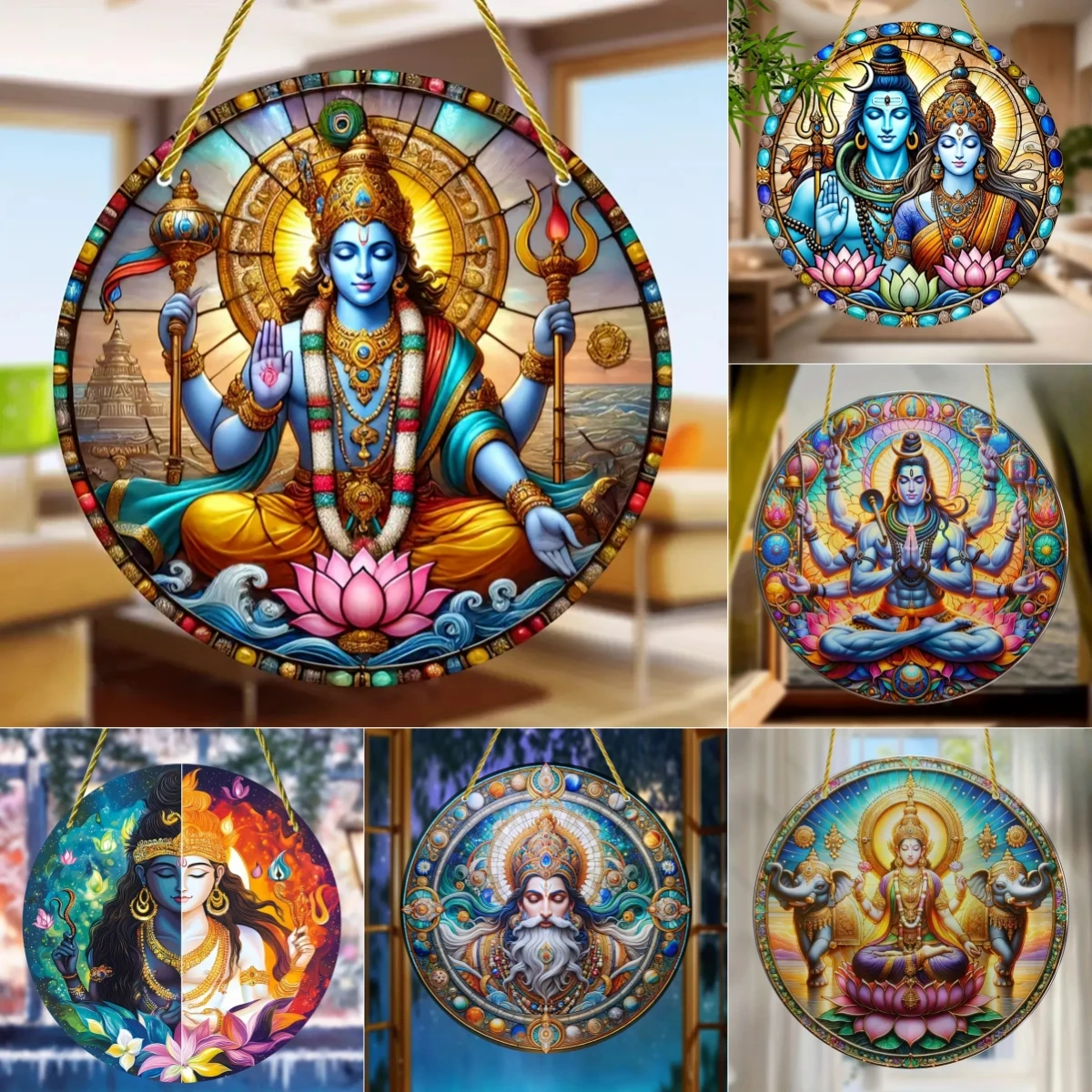 Shiva Vishnu Brahma Suncatcher-the Three Major Gods in Hinduism,Round Translucent Hanging,Home,Religious Occasions&Festive Decor