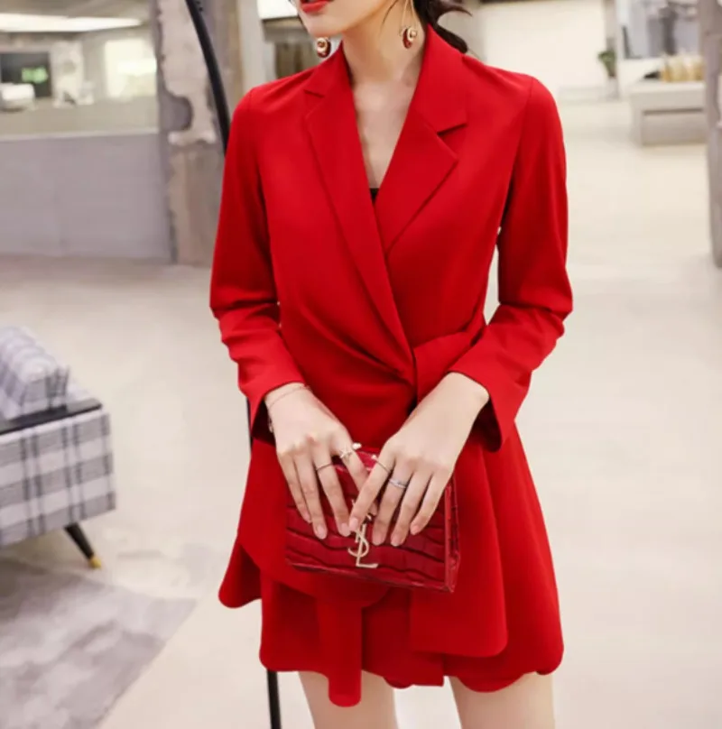 Red Long Sleeve Elegant Two Piece Sets Women Irregularity Lace-up Jacket and Mini Skirts Lady Evening Party Vintage  Skirt Sets