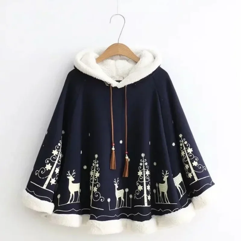 Hoodie Coat Winter Hooded Women Thick Velvet Poncho Cape Poncho Coat Cute Xmas Christmas Tree Elk Print Jacket Pullover Cloak