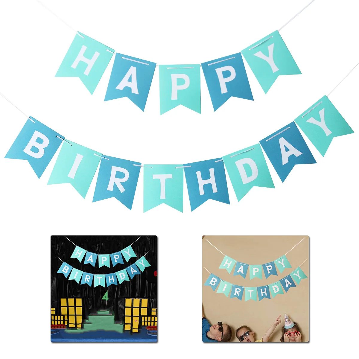 Banner de feliz cumpleaños, cartón reutilizable blanco y azul, decoración ligera para fiesta, guirnalda de cumpleaños, banderines con bandera