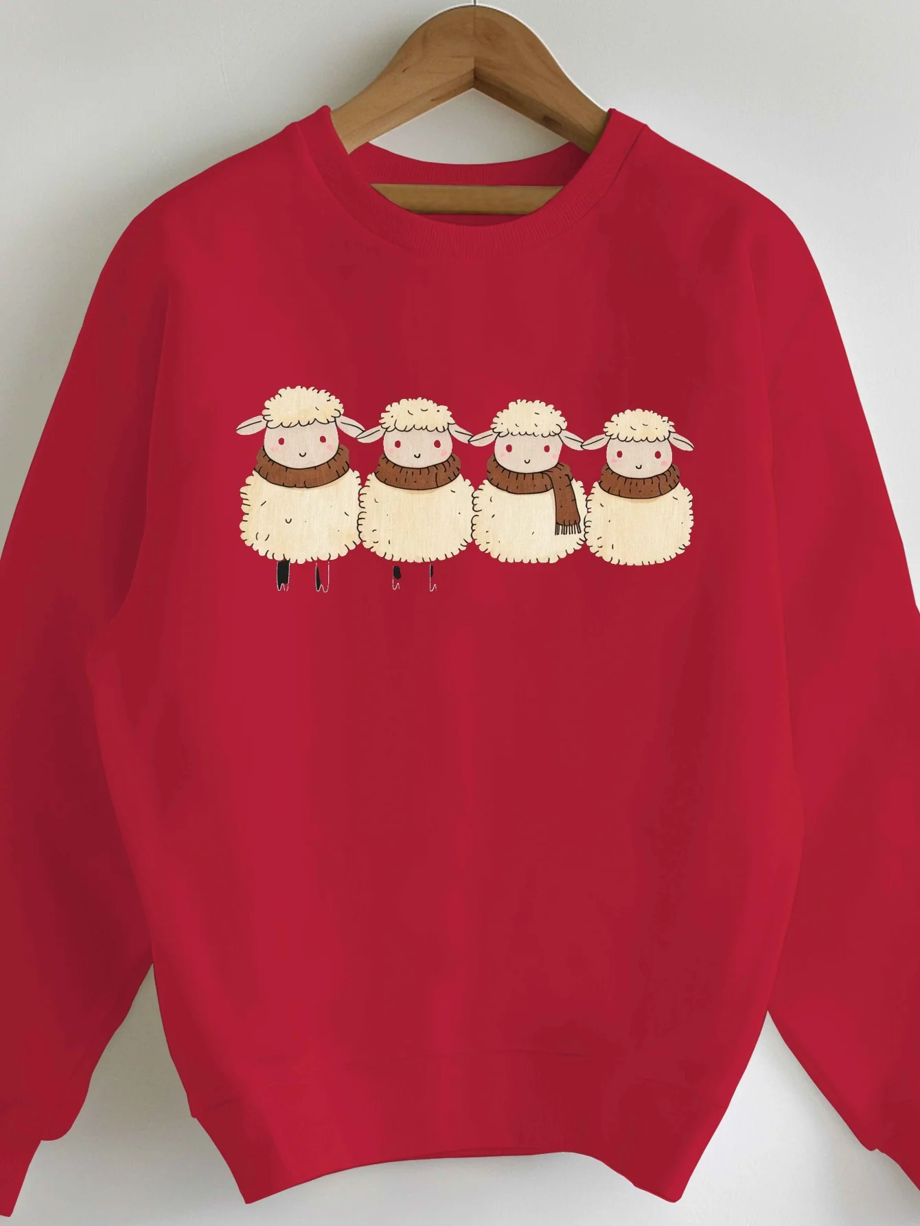 Plus Size Women's Cozy Green Sweatshirt with Adorable Sheep In Scarves Design - Casual Long Sleeve, Round Neck, Polyester Knit