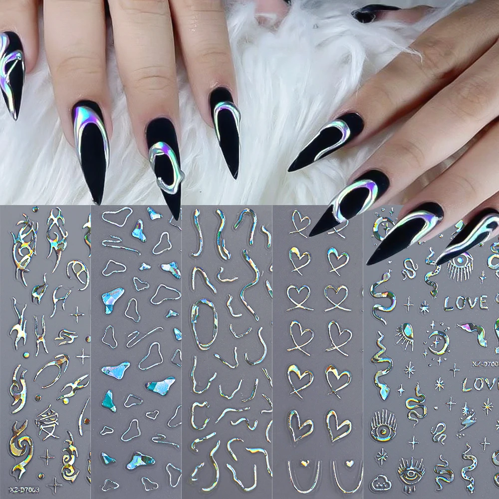12 pièces 3D Laser argent étoile coeur géométrie lignes ongles autocollants pentagramme, lune, serpent, fleur curseur auto-adhésif manucure décalcomanies &