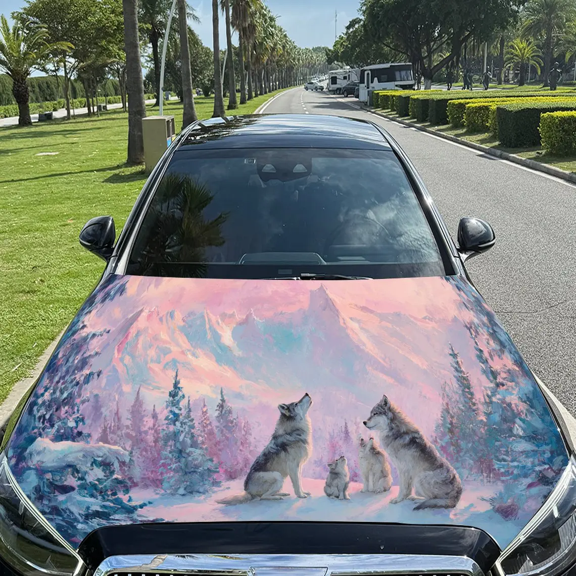 

Artistic Snow Wolf Family Pink Sky PVC Car Hood Wraps, Self-Adhesive Waterproof Car Bonnet Decal Sticker, Car Decoration Protect