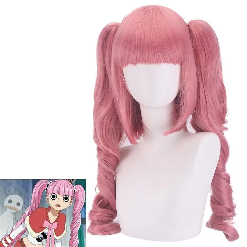 ONE PIECE Perona Anime Cosplay Wigs 40CM Smoke Pink Lolita Halloween With Bangs Double curly Heat Resistant Hair Wig