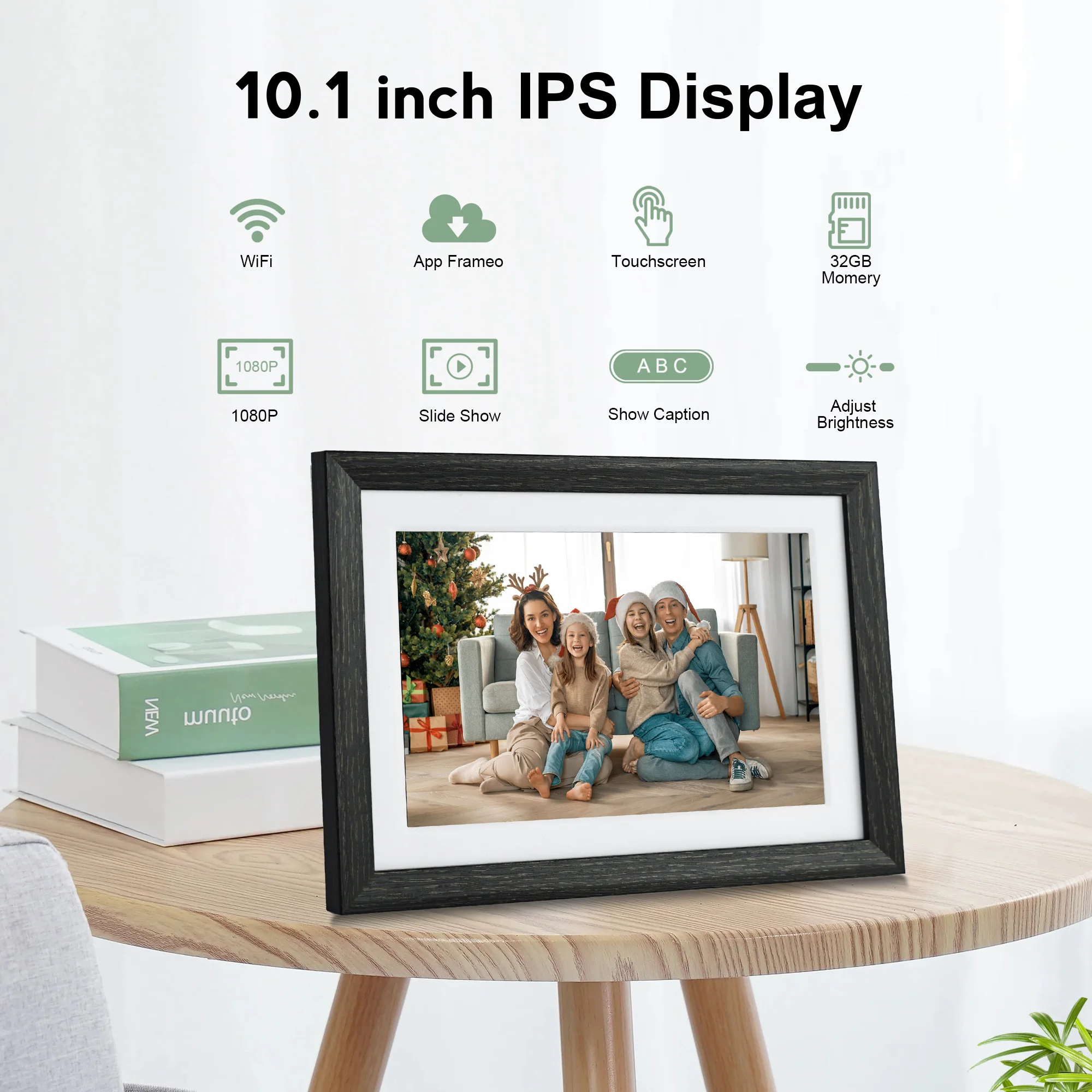 Classic Dark Brown Wood Digital Photo Frame 1+32GB Storage 1280x800 HD WiFi Connectivity Clock Android Cloud Picture Features