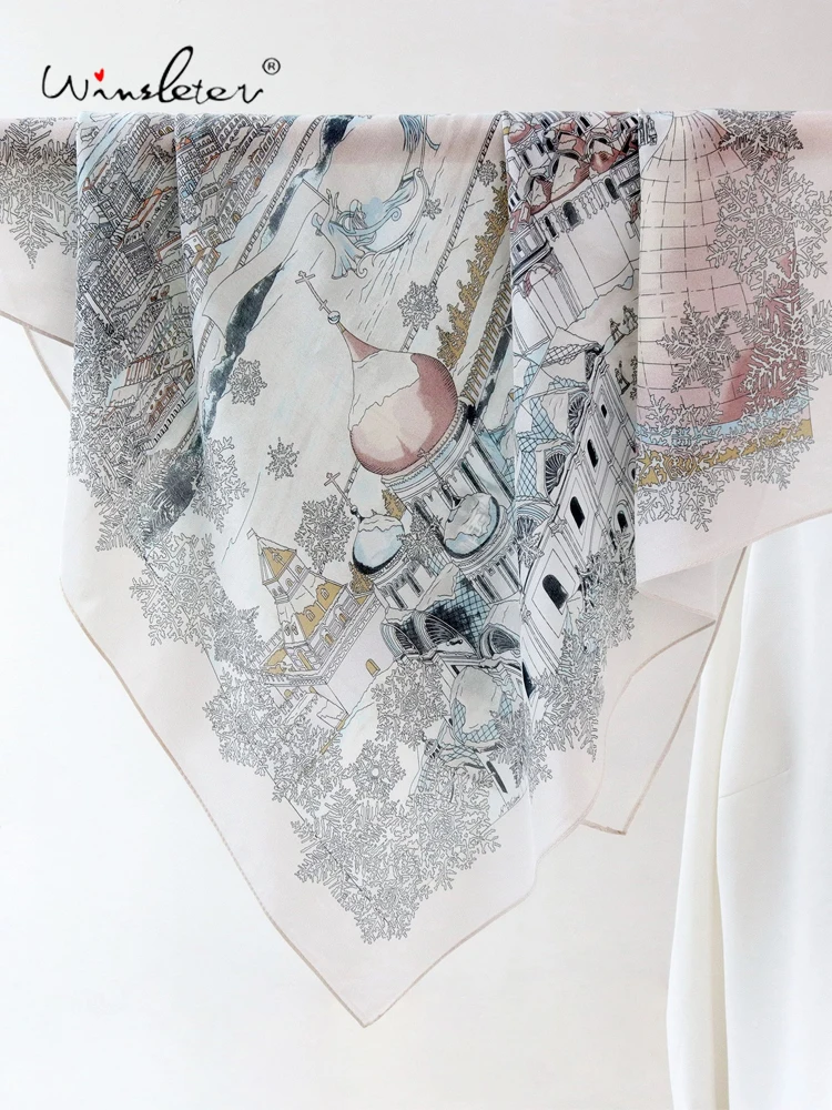 

Winsleter-Женский элегантный шарф из 100% натурального шелка, 68*68 см с принтом замка, романтические темпераментные шарфы для мамы, осень 2023, A58944CC