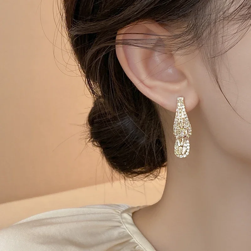 France new fashion jewelry luxury zircon water drop before and after wearing earrings elegant women's party accessories