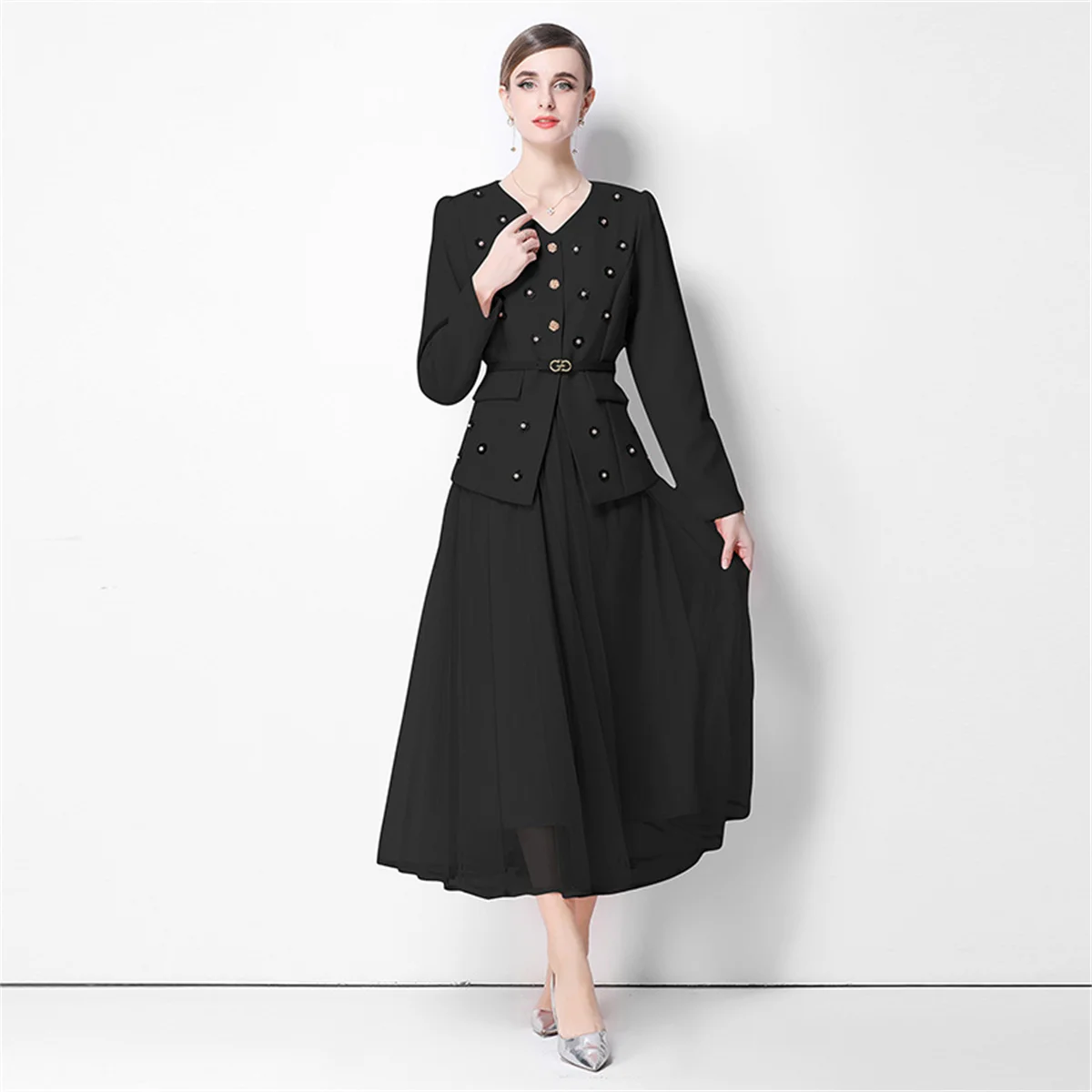 Spring Fall Two-piece Set Women Sequin Blazer Jacket Coat Pleated Mesh Long Skirt 2pc Outfits Elegant Evening Wedding Party Dres