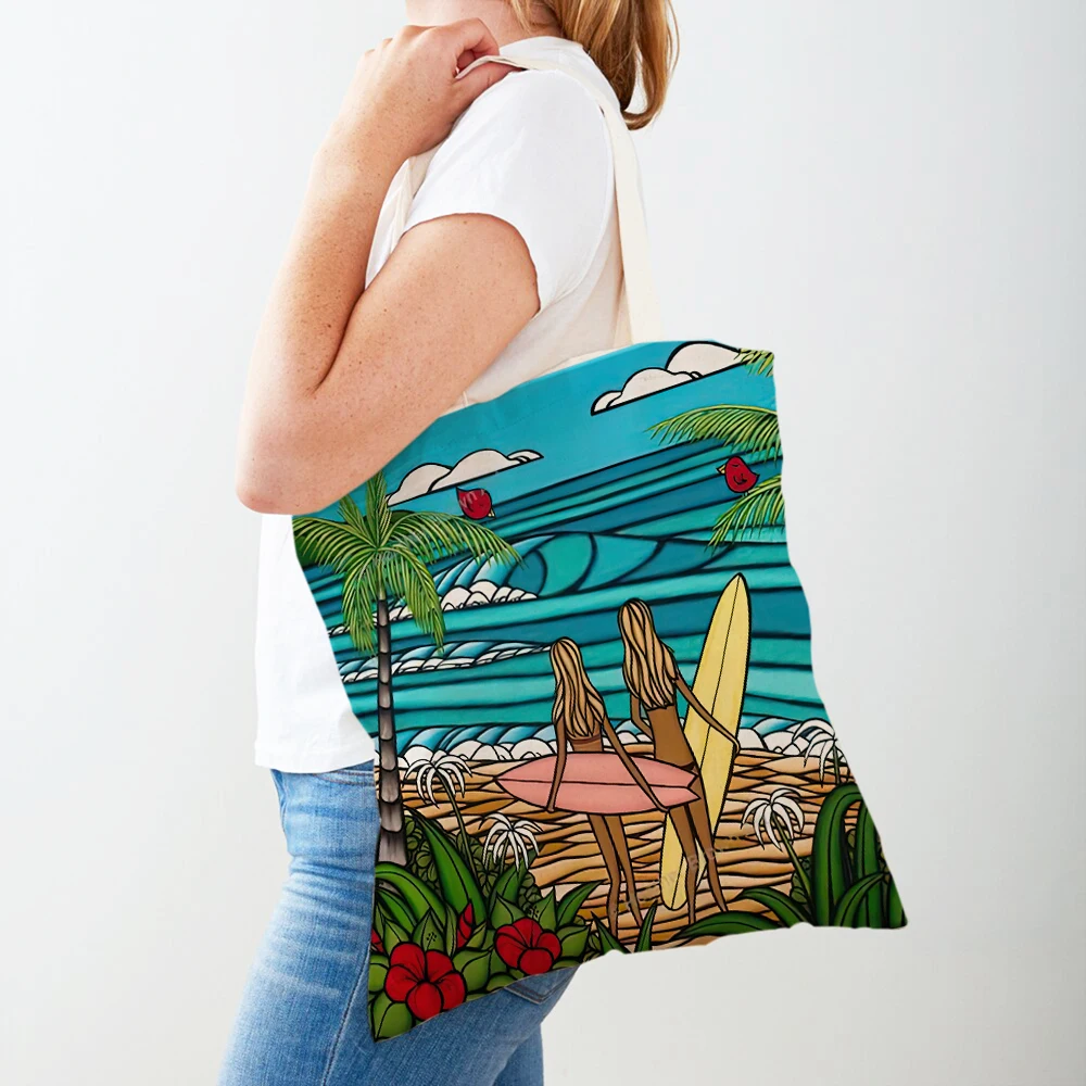 

Hawaiian Islands Beach Surfing Women Shopping Bags Casual Canvas Double Print Landscape Girl Shopper Bag Lady Tote Handbags