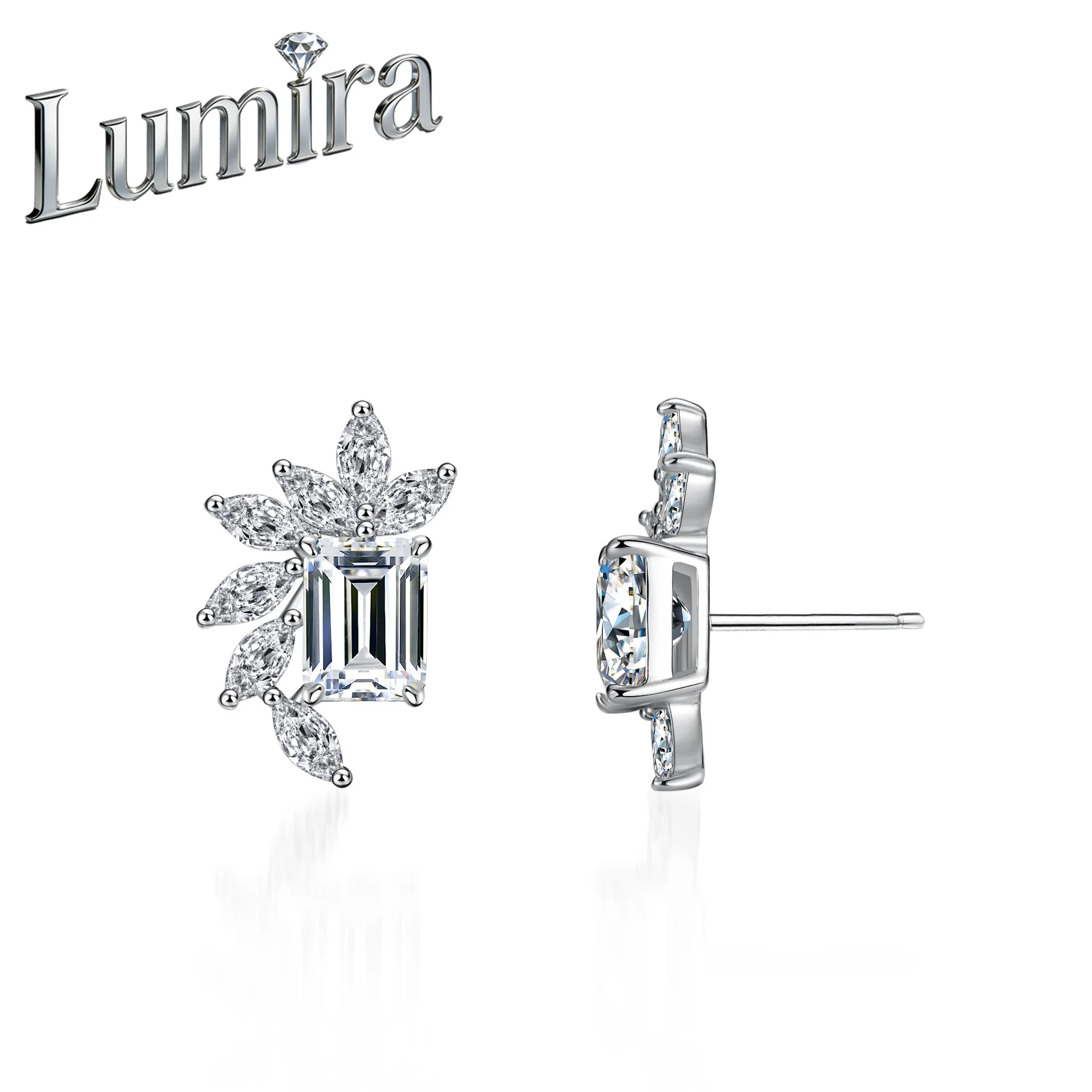 Lumira Platinum PT950 Elegant Leaf-Shaped Women's Four-Prong Stud Earrings Emerald-Cut Wedding-Themed Moissanite Earrings