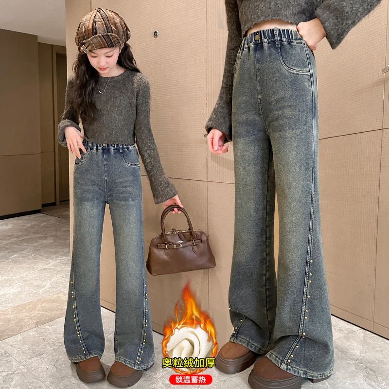 موضة متوهج الجينز للفتيات الشتاء الخريف ملابس الأطفال Y2K نحيل سراويل جينز الكورية نمط في سن المراهقة الدنيم السراويل 4-14Y