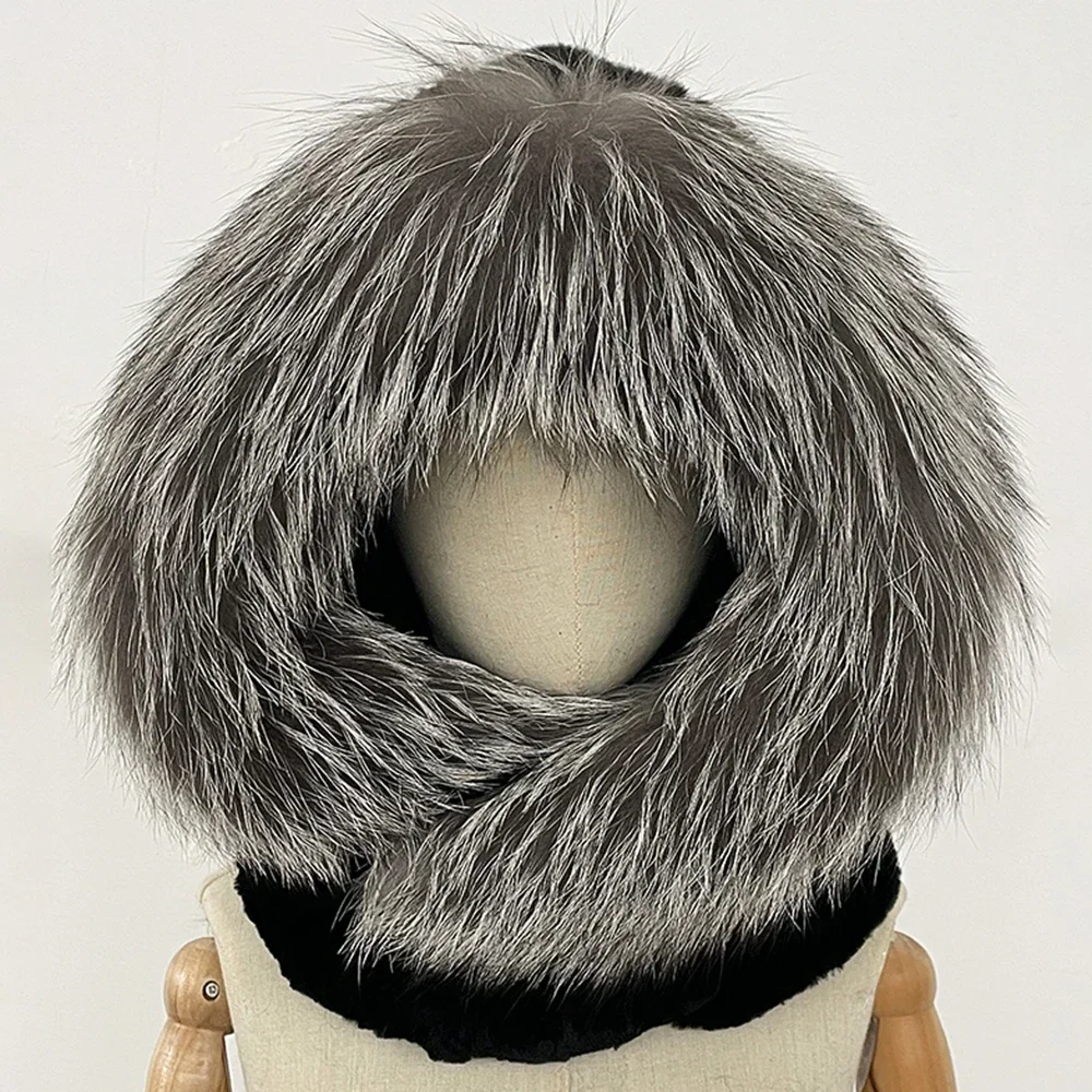 الواقع الفراء قبعة مقنعين وشاح متماسكة النساء الطبيعية الثعلب الفراء القبعات الأوشحة سيدة شتاء دافئ رقيق ريال ريكس الأرنب الفراء متماسكة قبعة