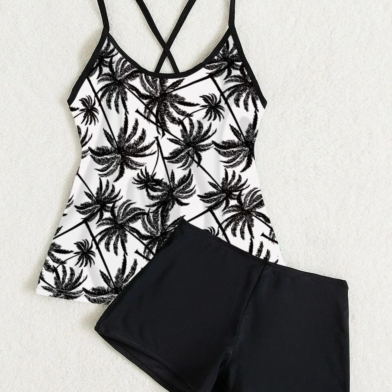 Women Tropical Leaf Print Tankini 2 Piece Swimsuit Tummy Control Halter Tank Top Boyshort Modest Bathing Suit Beach Swimwear