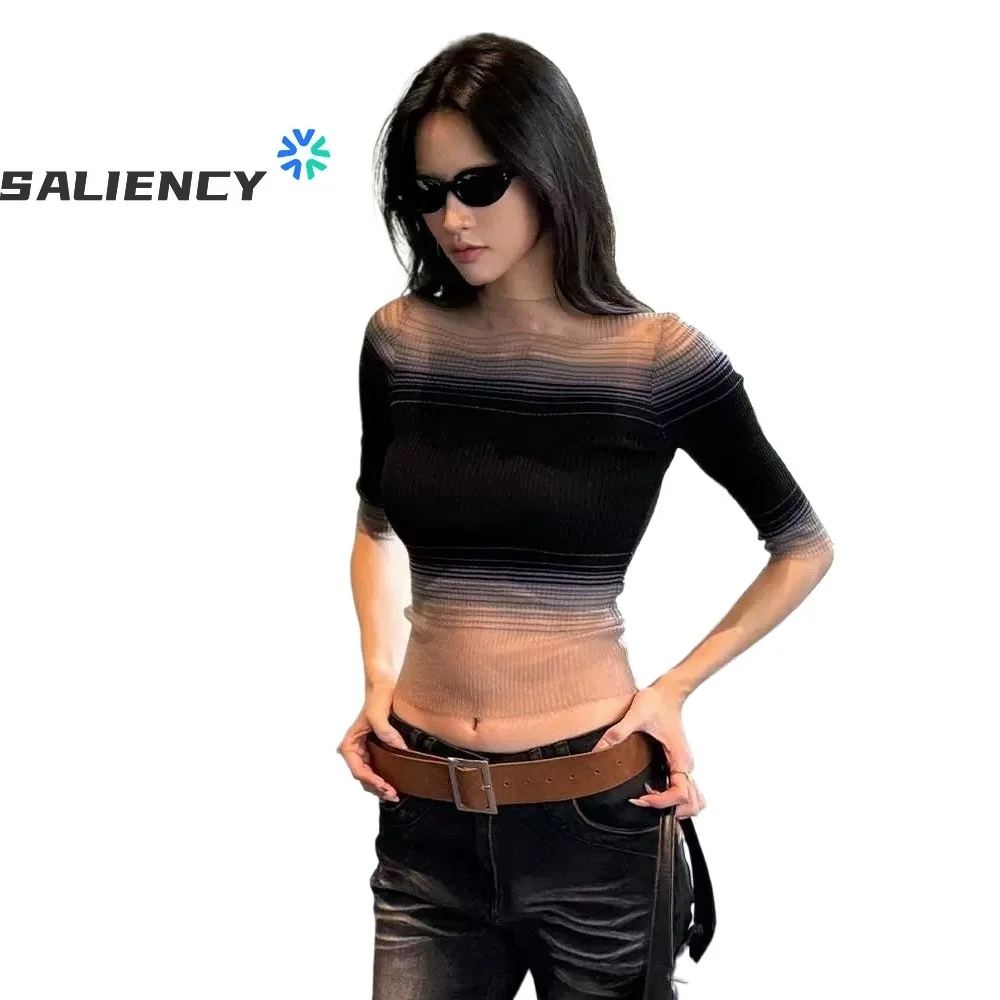 SALIENCY Women Knitted Gradient Mesh Top Half High Neck Slim Sexy Retro Mid Sleeve Pullover Blouse Summer