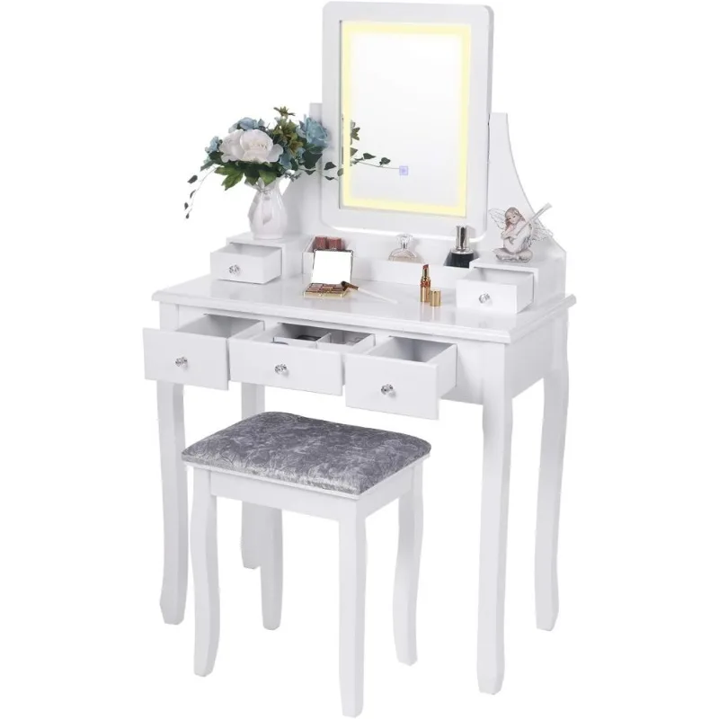 

Vanity Set with Lighted Mirror Dimming, Touch Screen Switch & Cushioned Stool 5 Drawers 2 Dividers Removable Organizers, White