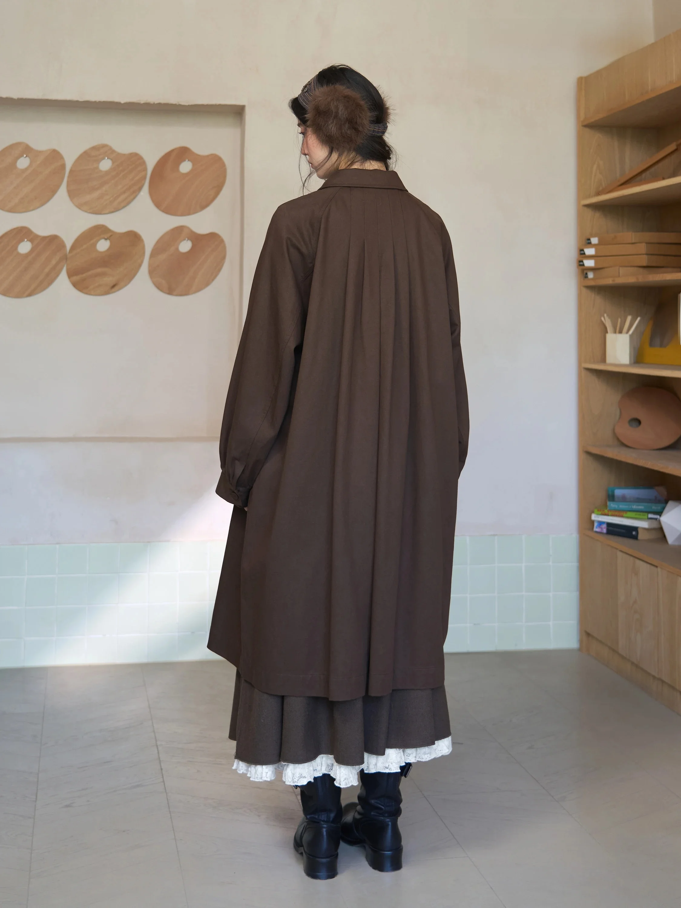 Long Coat Saotome Early Girl Wind Blows Collar Stand up Pleated Belted Dressing Gown Women's Autumn Fashion Elegant