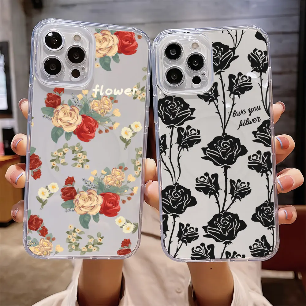 Vintage Rose Bundle For IPhone 16 15 14 13 12 11 Pro Max Plus Transparent Magnetic Suction Phone Case