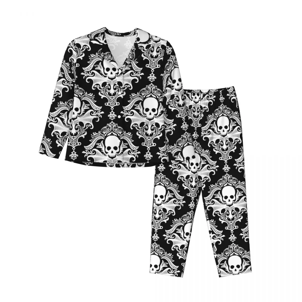 Gothic Skulls Print Pajama Sets Spring Retro Damask Kawaii Daily Sleepwear Female Two Piece Loose Oversized Printed Nightwear