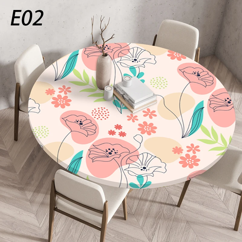 New Waterproof Round Table Cover 60/90/120cm Elastic Plant Printing Home Restaurant Decor Dustproof Table Cover Multi-Size