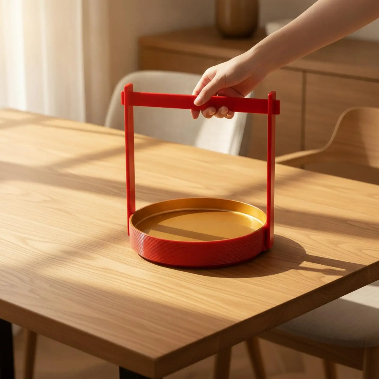 Golden Interior Round Melamine Tray with Ribbed Red Wall Japanese Frying Basket Style for Serving Fried Food Sushi Dishes