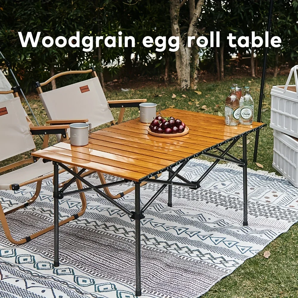 Outdoor Camping Picnic Table with Wood Grain Pattern, Portable Folding Table, Portable Rolling Up Camping Barbecue Table