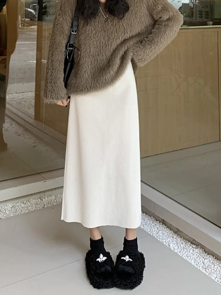 하이웨이스트 안감 있는 코듀로이 A라인 미디 스커트 여성용 가을 겨울 신상 출퇴근용 슬림핏 중국산