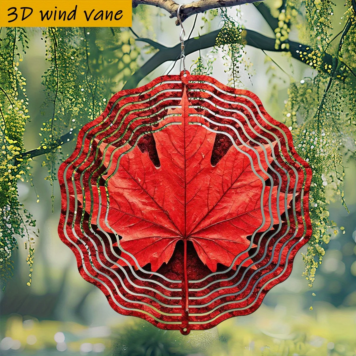 CIFBUY 3D Red Maple Leaf Wind Chime Metal Spinner with 360 Rotating Hook DIY Creative Durable Hanging Ornament for Garden Patio