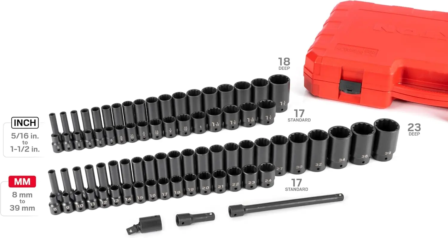 1/2 Inch Drive 12-Point Impact Socket Set, 78-Piece (5/16-1-1/2 In., 8-39 Mm) | Sid92408