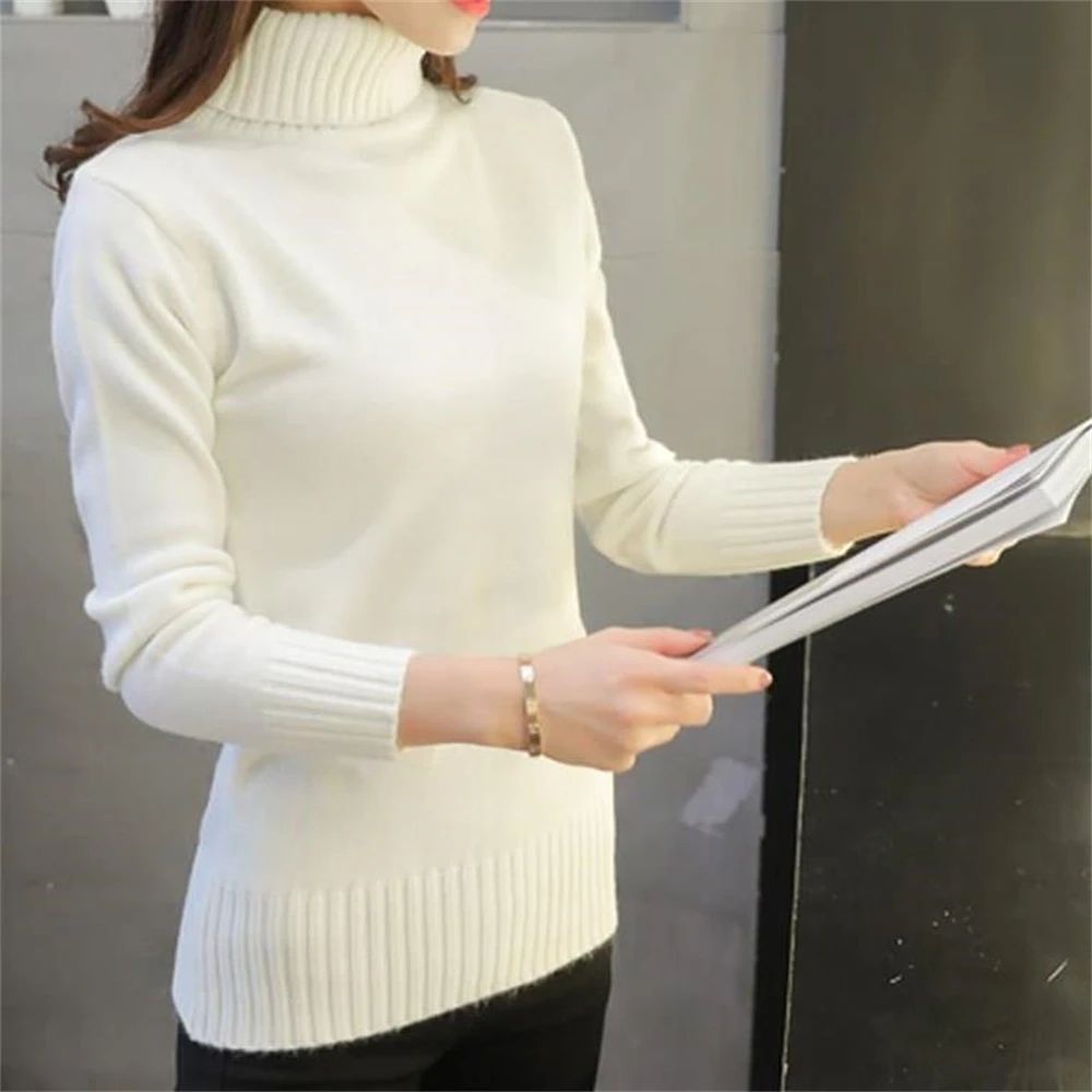 Women\'s Elastic Long-Sleeved Turtleneck Sweater Knitted Bottoming Shirt Female Sweaters Tops Jumpers Autumn Winter S-2XL