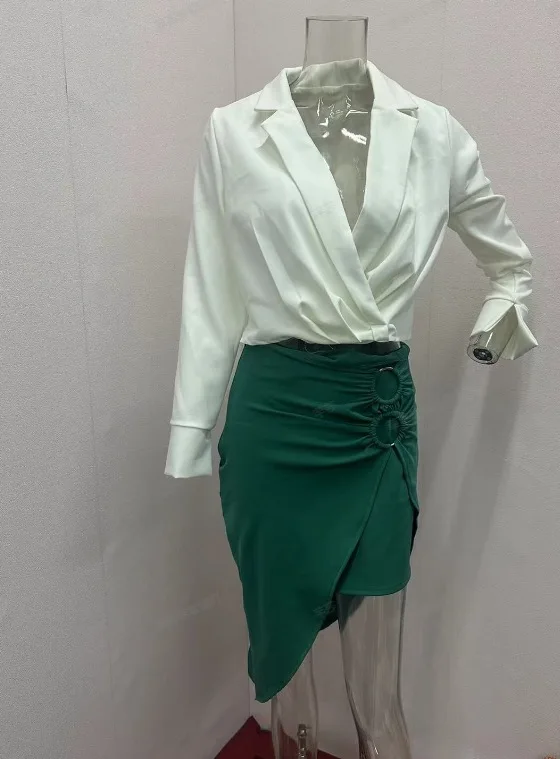 طقم تنورة نسائية بأكمام طويلة من الأعلى وخصر مرتفع ، مجموعة تنقل من قطعتين ، رقبة V عميقة ، مزاجية أنيقة ، موضة بنمط جديد ، الصيف ،