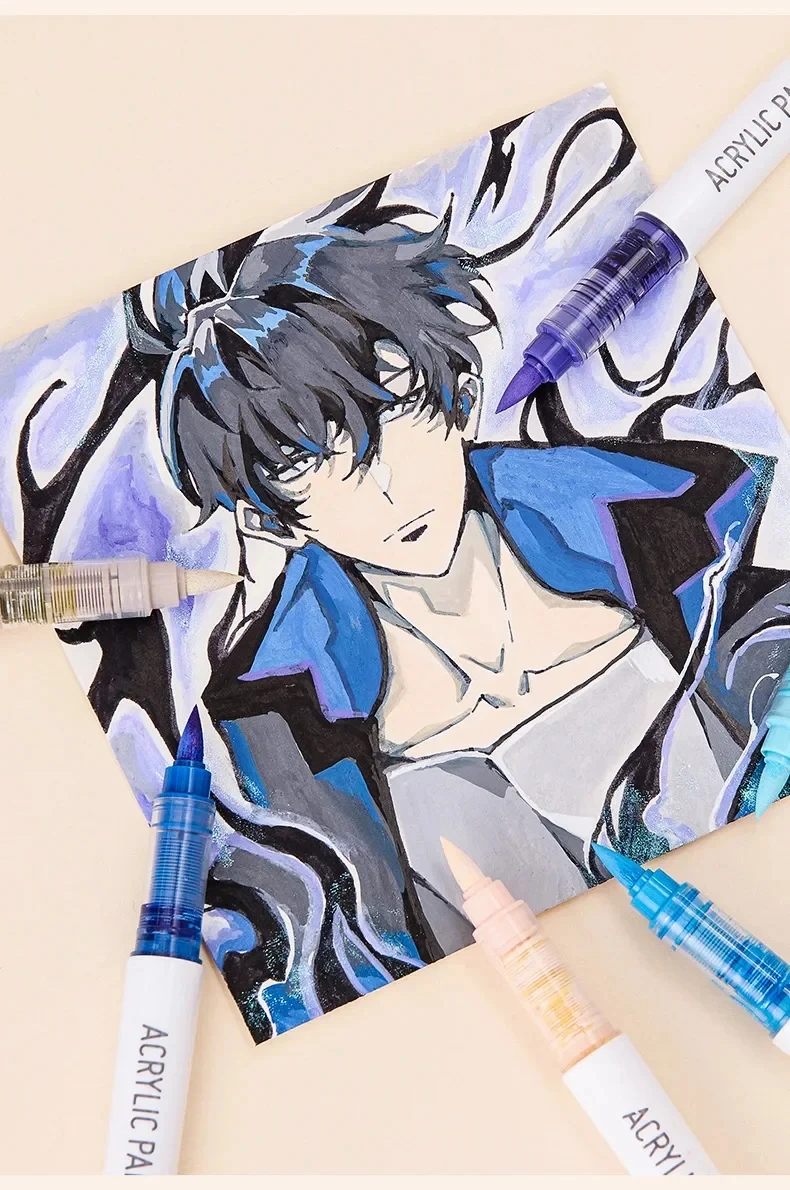 Languo 9 Stück/Box Acryl-Marker-Stift-Set mit weichen Pinseln, zum Selbermachen, handgezeichnet, Kunstmarker-Stifte, Graffiti-Acrylfarbstifte für Studenten, M720 – Detail 11