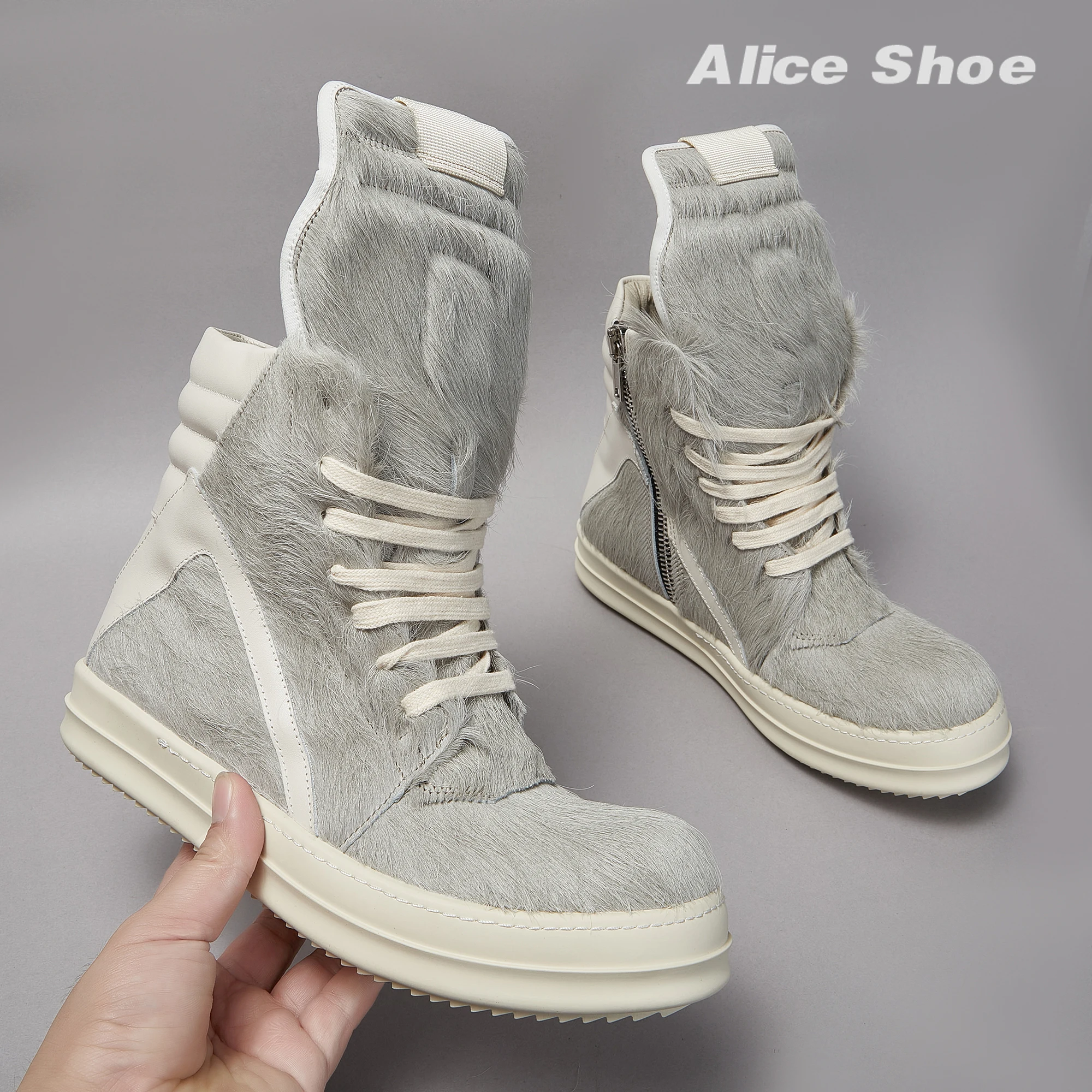 Brand Women Sneaker Horse Fur Casual owen High Top Men Shoe Leather Geobasket Grey Zip Designer Quality Thick-sole Ankle Boot