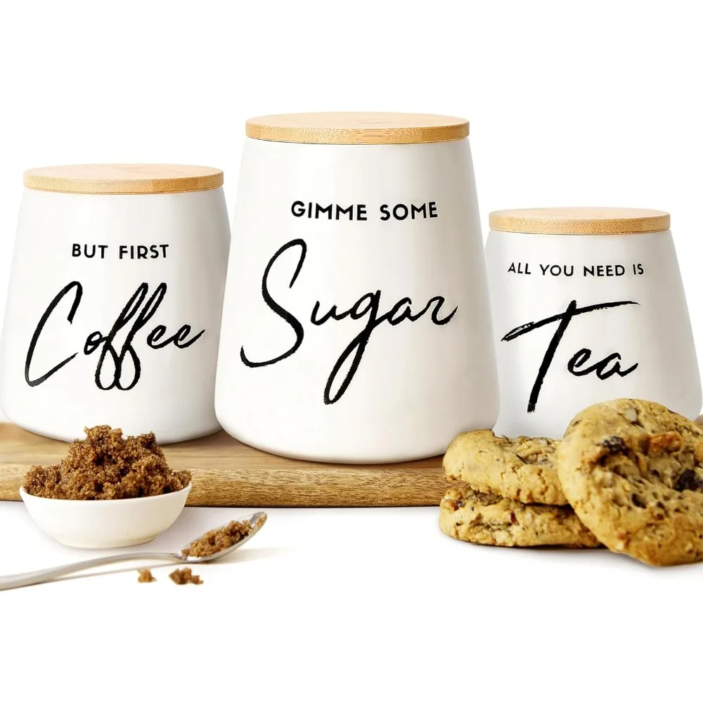 

3-Piece Airtight Ceramic Canister Set for Coffee, Tea, and Sugar - Elegant Kitchen Storage
