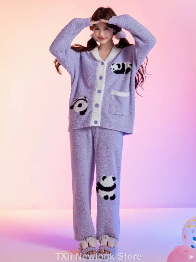 

[TXii ]Cute Panda Soft Home Clothes Set for Women, New Winter Style with Loose Half-Velvet Zipper Hoodie