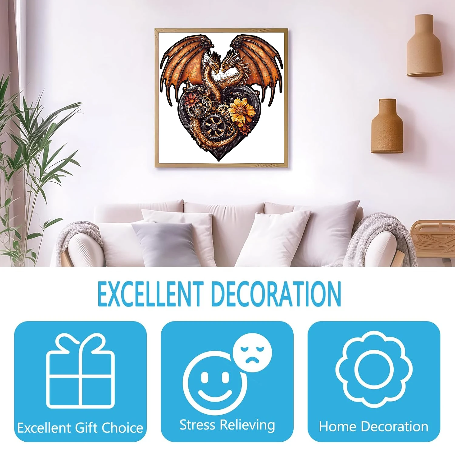 大人用木製パズル - ハート型のドラゴンパズル、ユニークな形状の木製ジグソーパズル、モダンアートの家の装飾、ギフトに最適