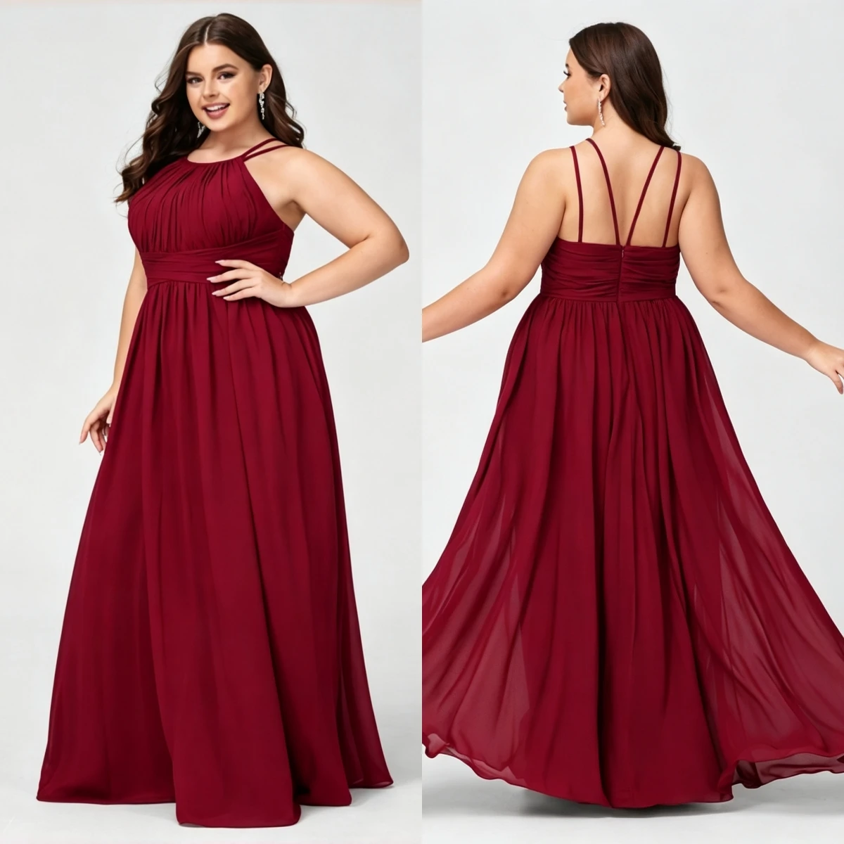 Plus Size Long Chiffon Bridesmaid Dress Halter Neck Sleeveless Formal Evening Gown Crisscross Straps Wedding Guest Prom Party