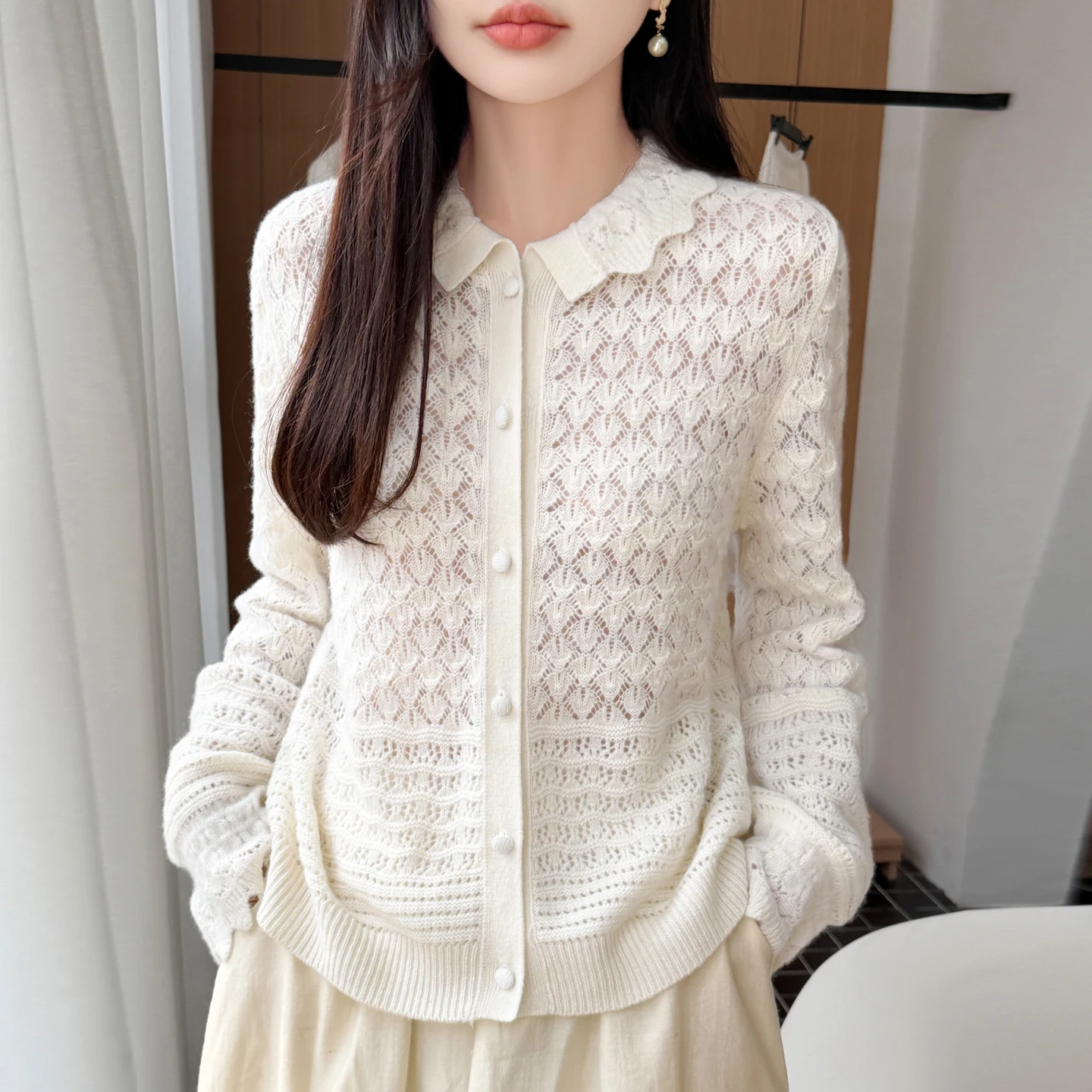 Women's Sweater 100% Merino Wool New Hollowed Out Cardigan Spring And Autumn Solid Color Knitted Collar With Fungus Edge Jacket