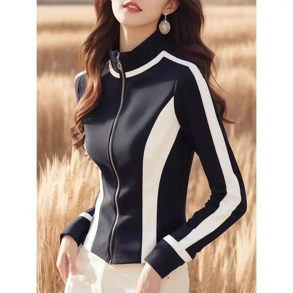 Black White Contrast Casual Zipper Hoodie Women Shirts Spring Autumn 2025 Korean Fashion Stand Collar Slim Jacket Office Lady