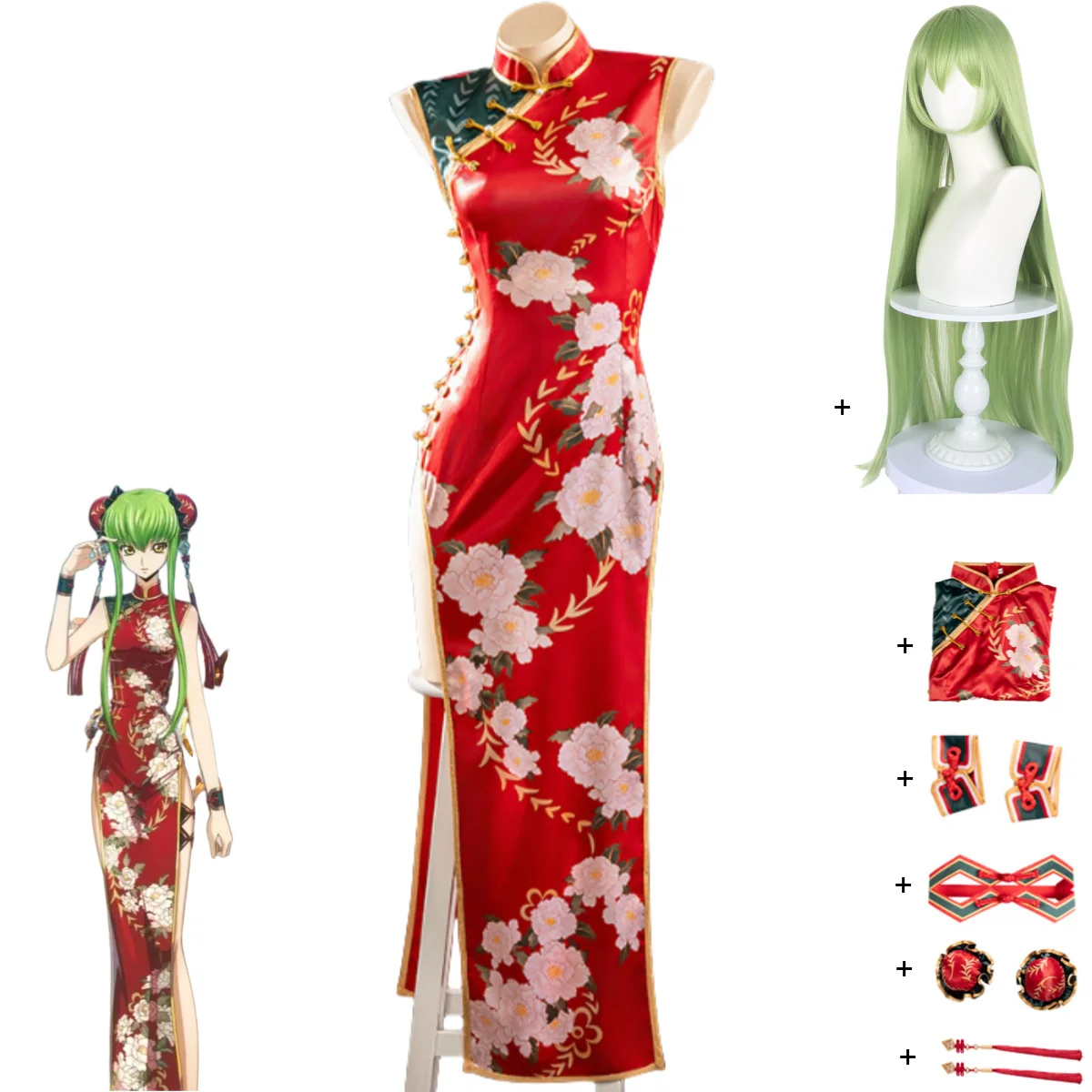 

Anime CODE GEASS Lelouch of The Rebellion C.C. Cosplay Costume Chinese Style Red Cheongsam Dress Wig Woman Sexy Christmas Suit