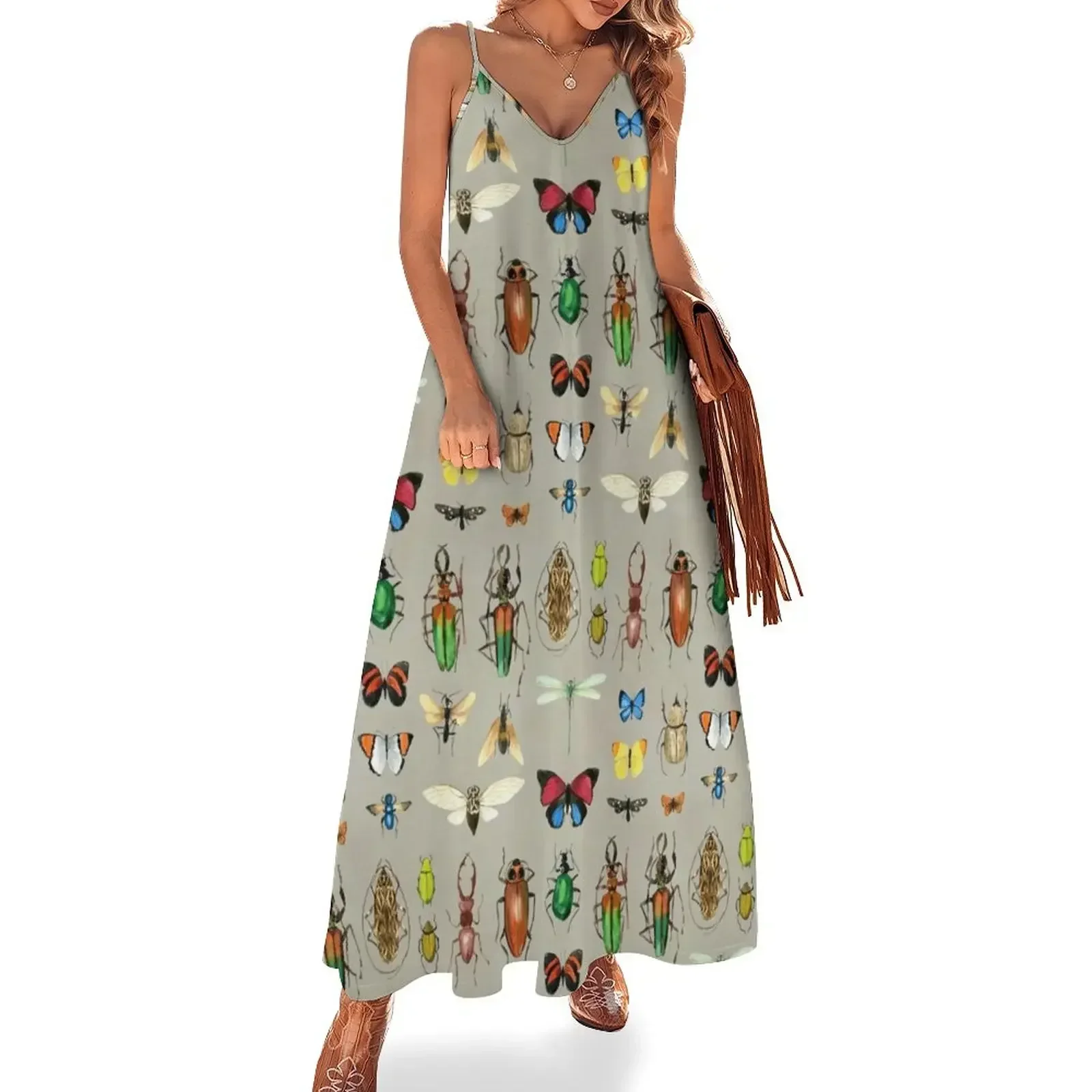 

The Usual Suspects - Insects on grey - watercolour bugs pattern by Cecca Designs Sleeveless Dress summer clothes Dress