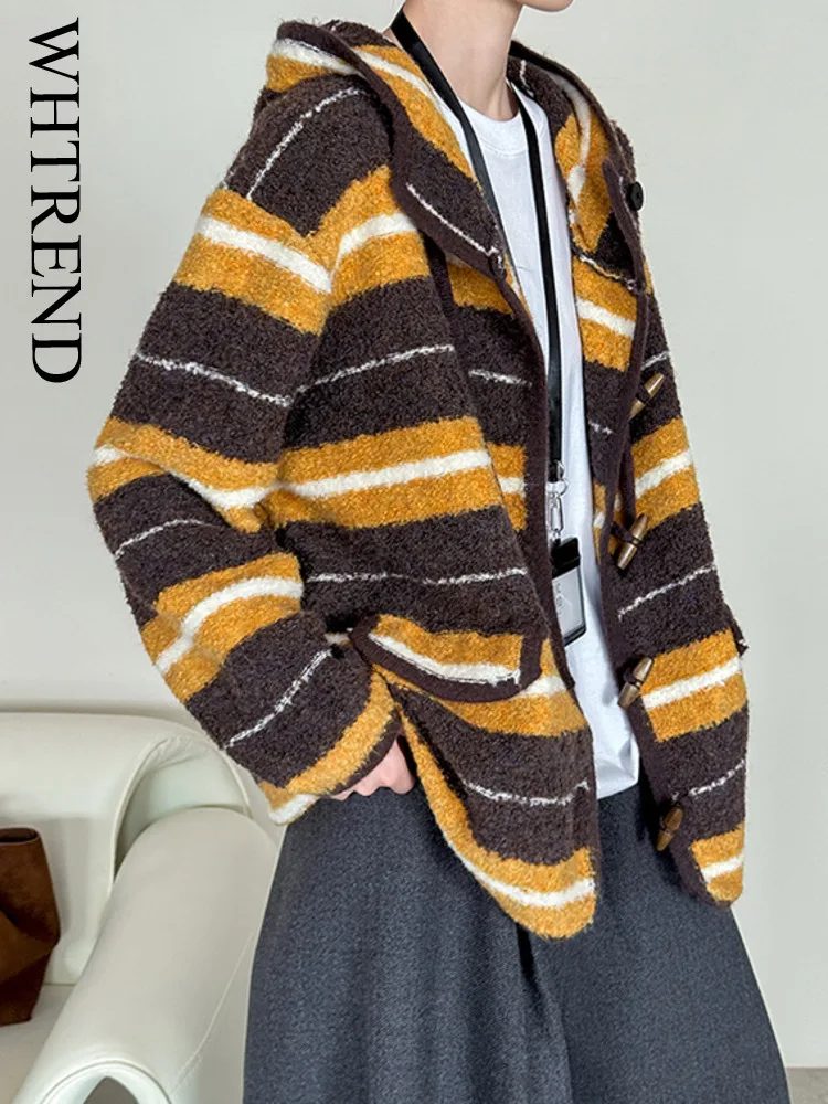 

WHTREND универсальный индивидуальный полосатый свободный шерстяной свитер с капюшоном, куртка модного дизайна, осень-зима, новинка WH1743