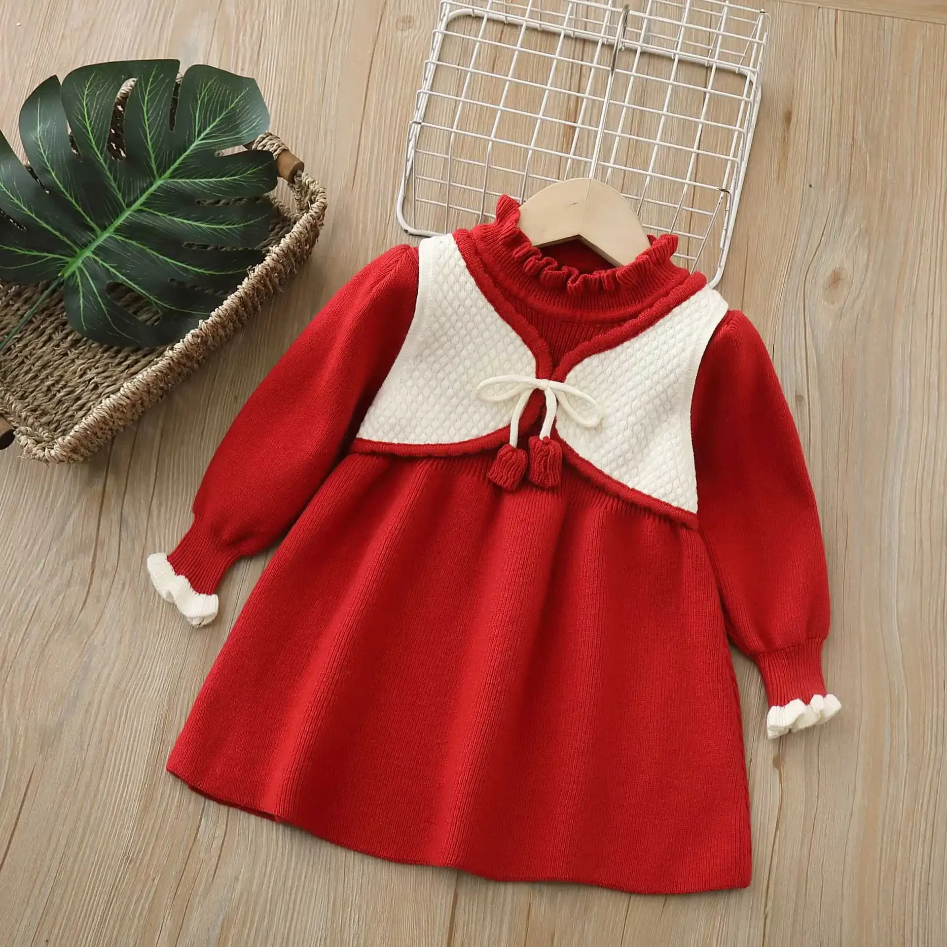 

New Korean Style Fake Two Piece Princess Dress Girls Bow Knit Dress Autumn Kids Fashion Knitted Outfit